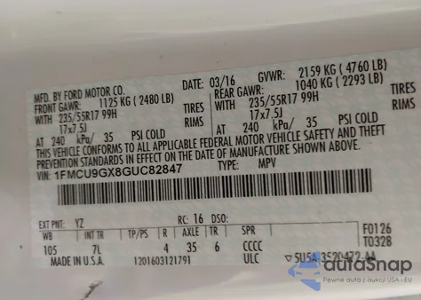 2016 Ford Escape Se z USA, uszkodzony, nr VIN 1FMCU9GX8GUC82847